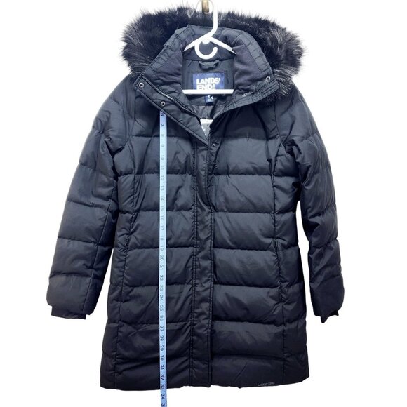 Womens Lands Black Down Puffer Coat  Faux Fur Hood Size S Warm Winter Outerwear - Picture 8 of 16